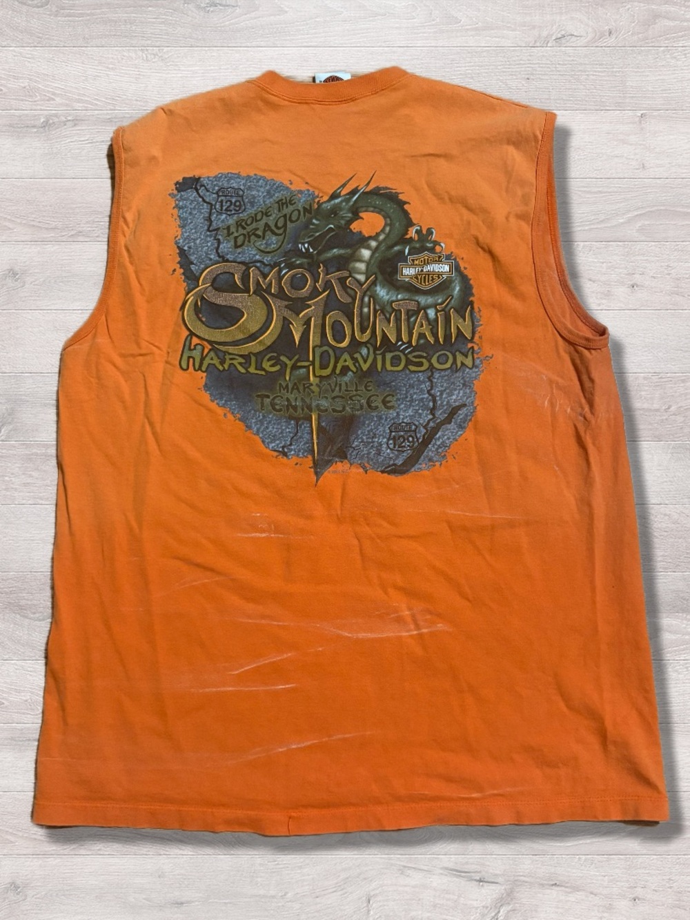 Vintage Harley Davidson Smoky Mountain Dragon Tank Size XL Orange Motorcycles